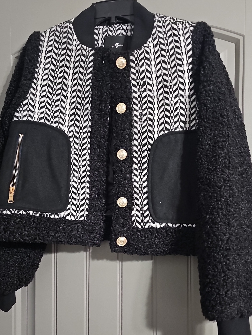 7 For All Mankind Black & White Textured Teddy Bomber Jacket (E)